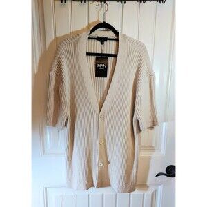 boohooMAN NWT Off White Knit Loose Fit Baseball Cardigan Short Sleeve Medium
